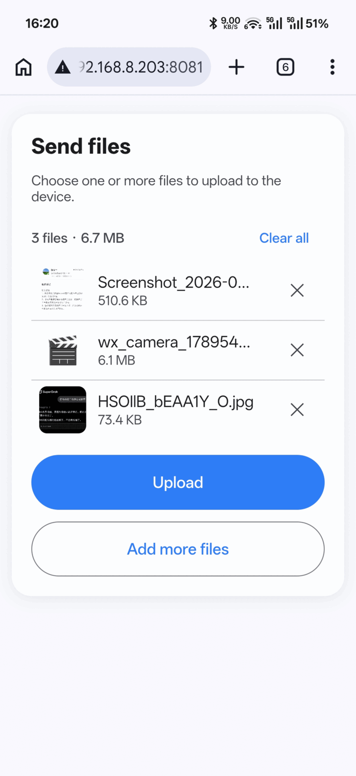Browser upload page for receiving files over LAN without installing an app